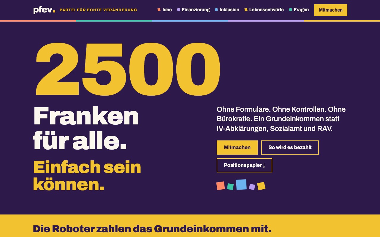 Screenshot der Startseite von pfev.ch: 2500 Franken für alle. Einfach sein können.